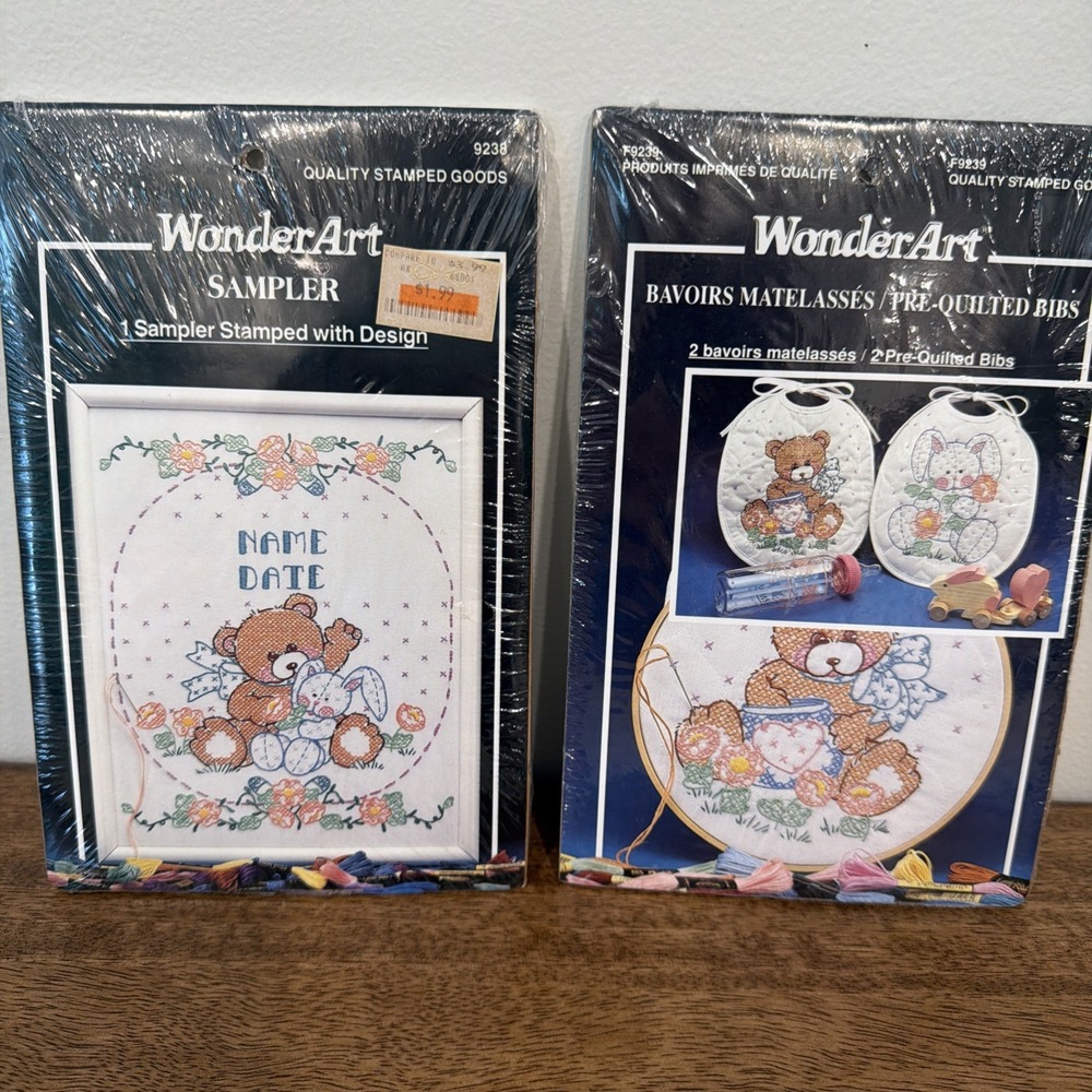 WonderArt Sampler Stamped Design #9238 #9239 Baby Birthday Bear Cross Stitch (2)